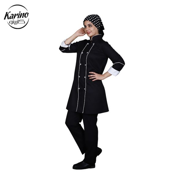 مانتو(روپوش) سرآشپز زنانه مشکی سفید مدل قاپکدار - Image 3